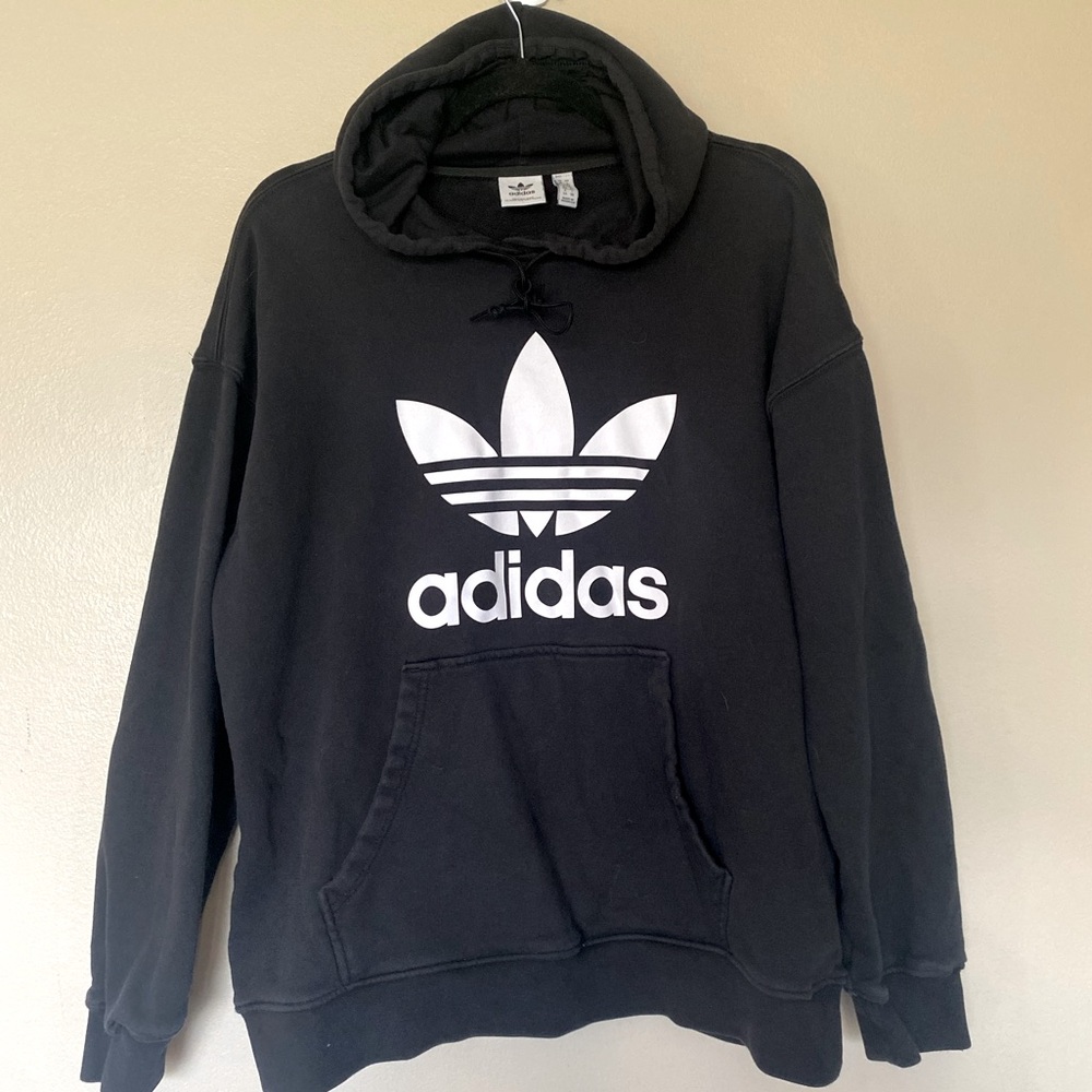 Adidas Black Hooded Sweatshirt with Large White Logo Size Large EUC